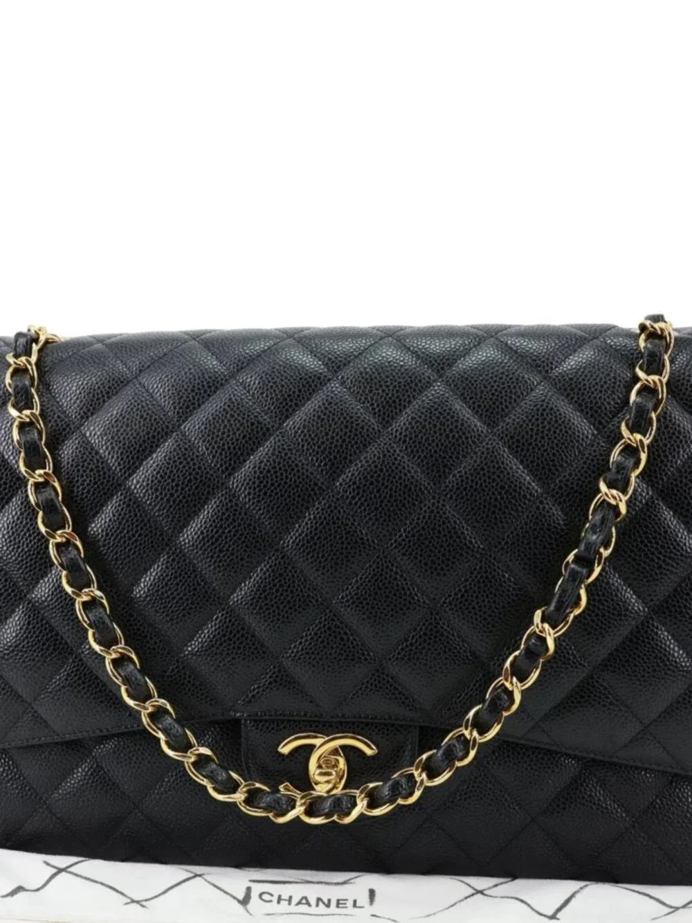 Chanel  Classic Double Flap Large Quilted Caviar Leather Shoulder Bag Black